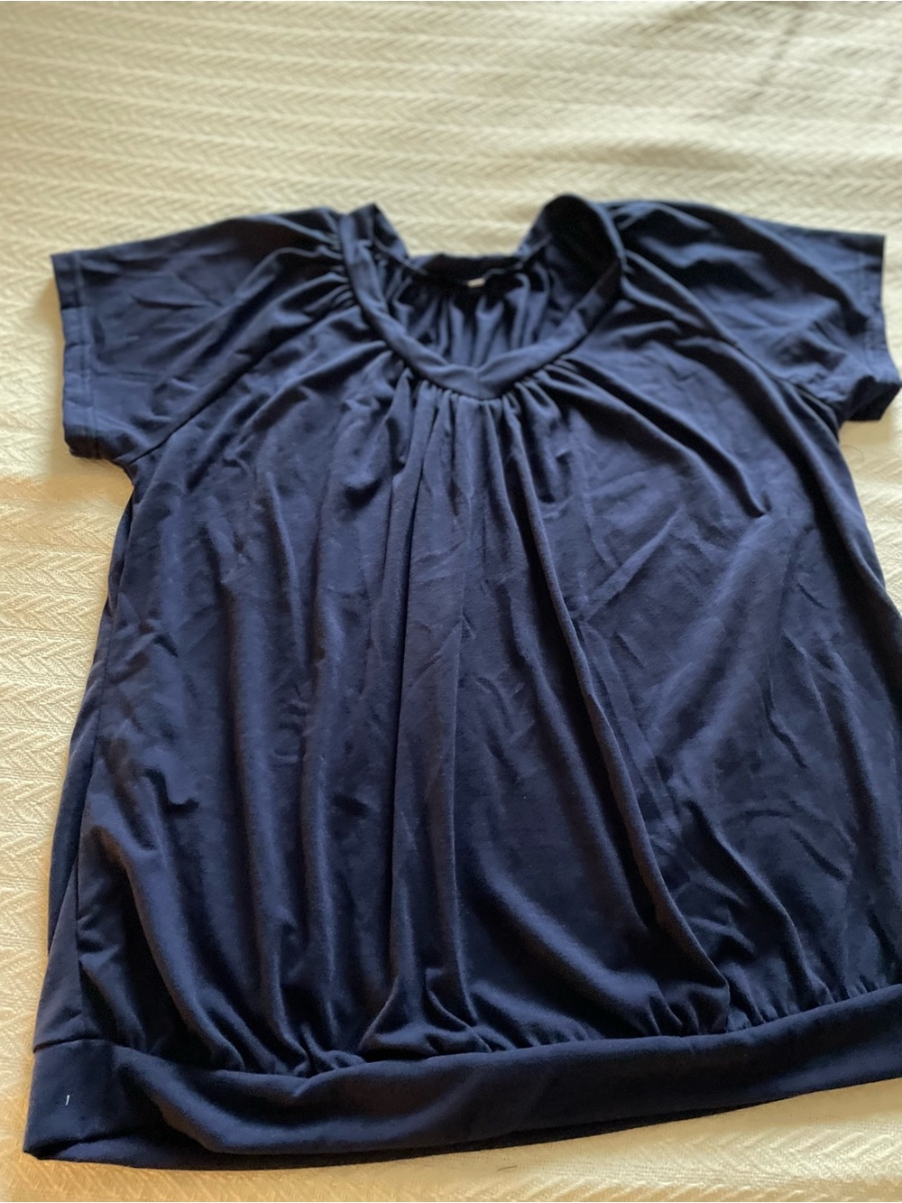 Women's Navy Short Sleeve Gathered Neck Top w  bottom fitted waistband